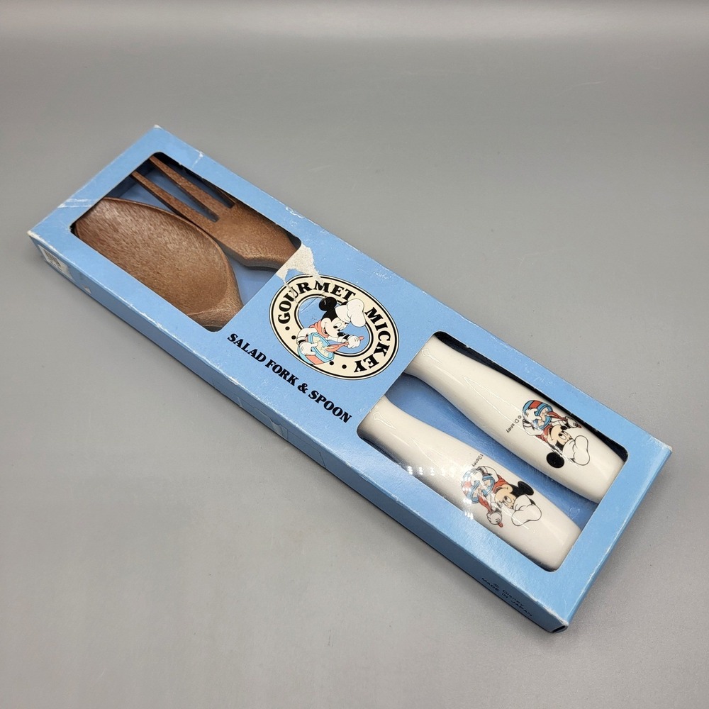 Disney Gourmet Mickey Salad Fork & Spoon Set Wood Ceramic White Brown Made Japan